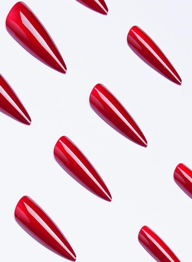 TOGZOM Red Press on Nails Long Stiletto Fake Nails Red Cat Eye False Nails with Design Glitter Glue on Nails Full Cover Stick on Nail Shiny Artificial Acrylic Nail for Women Manicure 24Pcs - Image 4